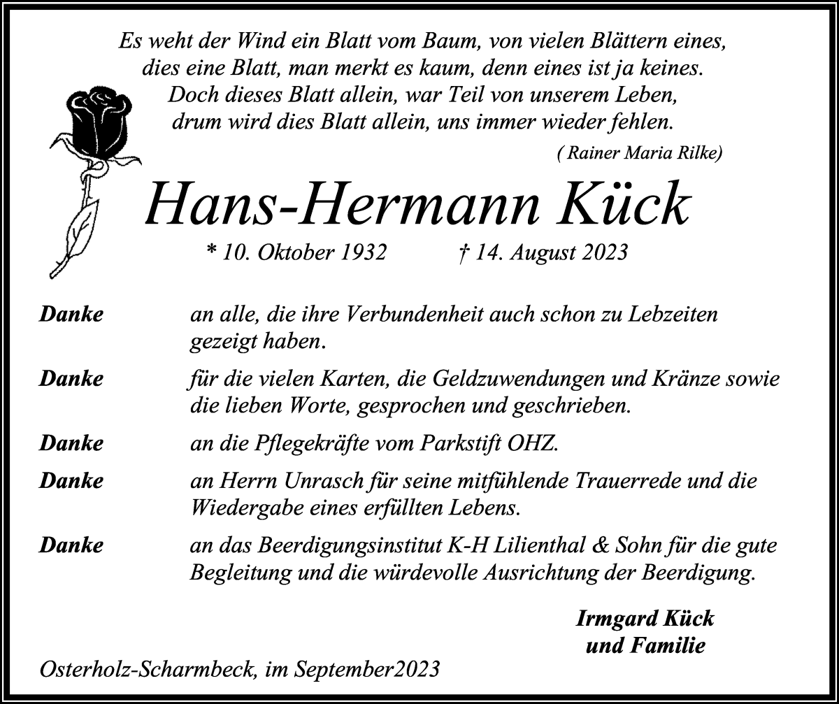 Traueranzeige von Hans-Hermann Kück von Osterholzer Kreisblatt
