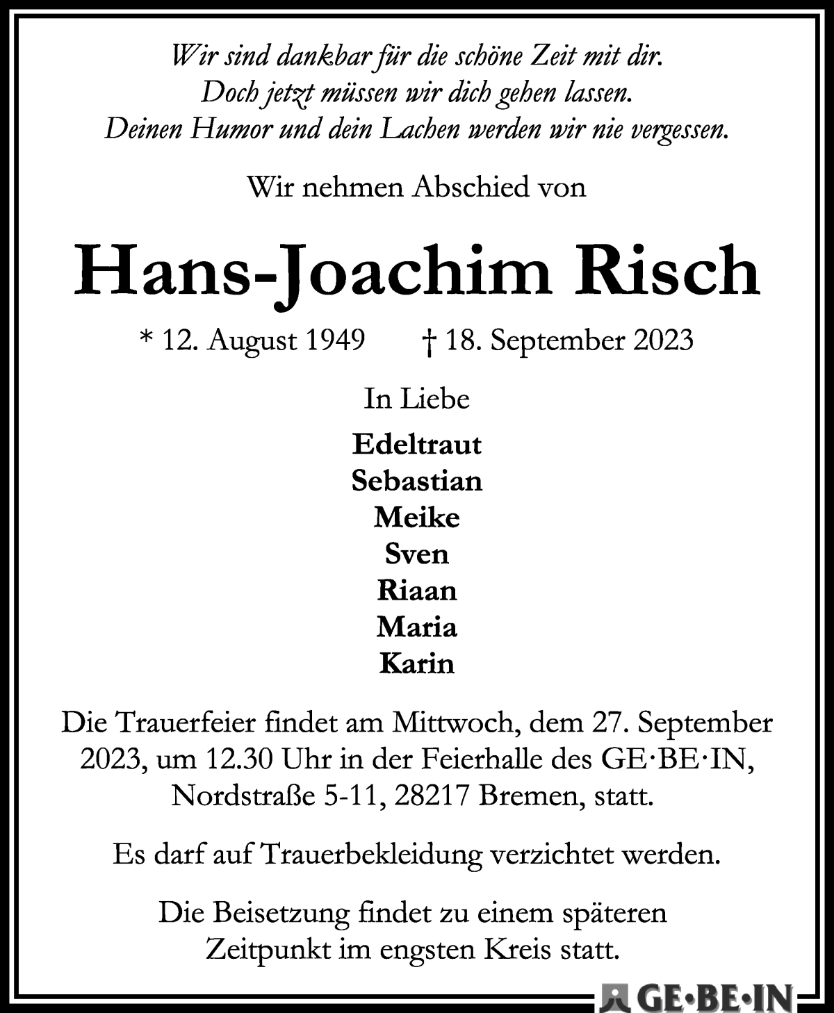 Traueranzeige von Hans-Joachim Risch von WESER-KURIER