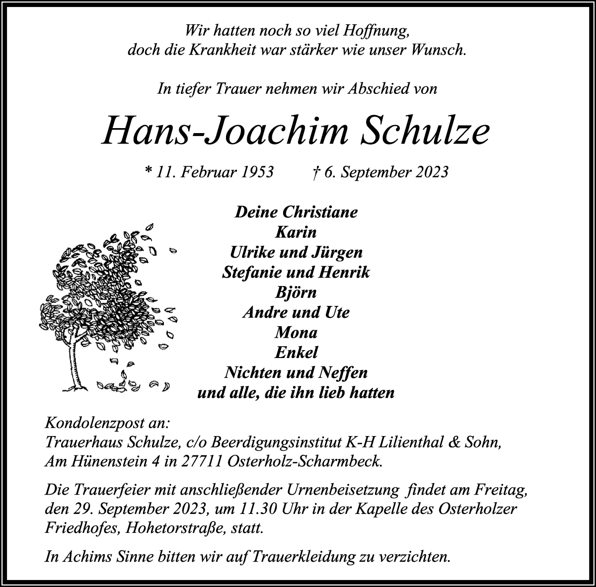Traueranzeige von Hans-Joachim Schulze von Osterholzer Kreisblatt