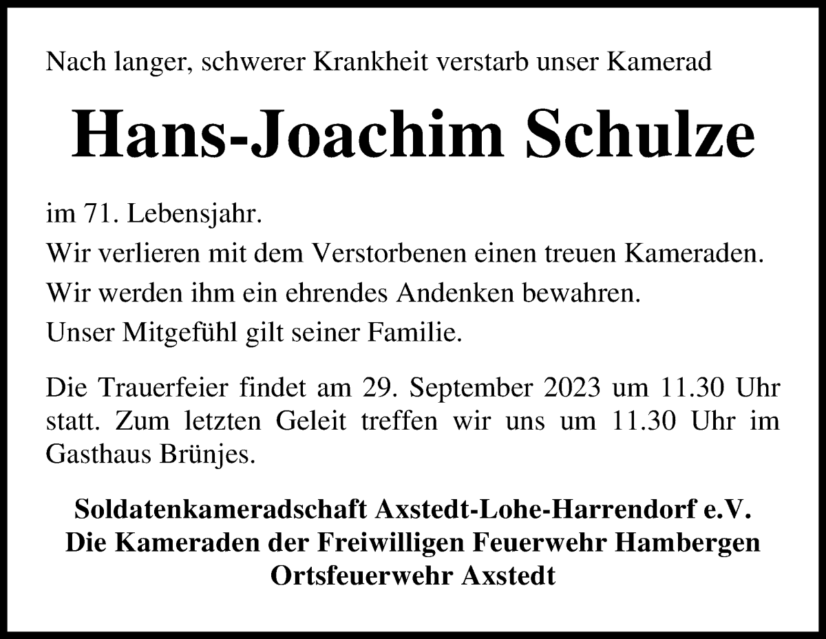 Traueranzeige von Hans-Joachim Schulze von Osterholzer Kreisblatt