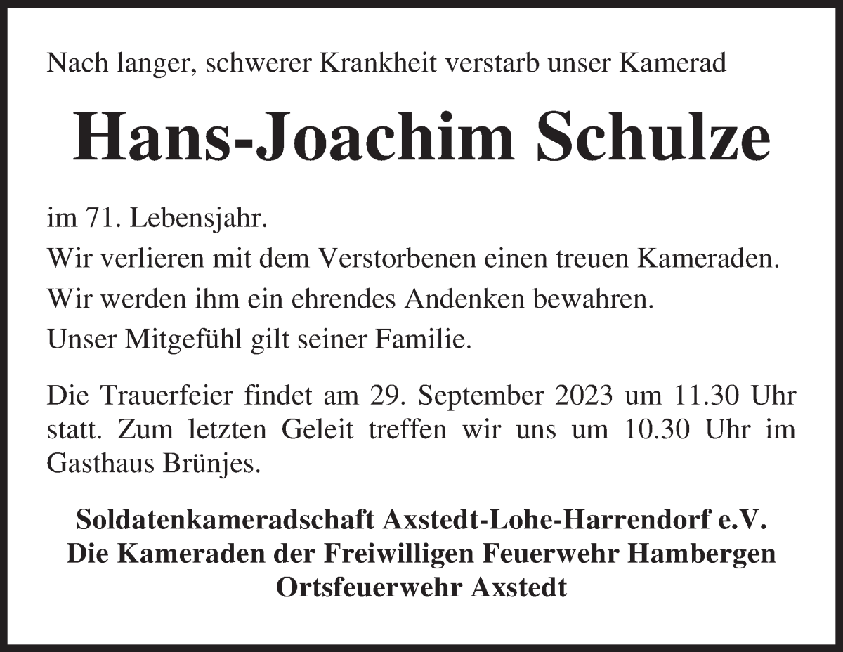 Traueranzeige von Hans-Joachim Schulze von Osterholzer Kreisblatt