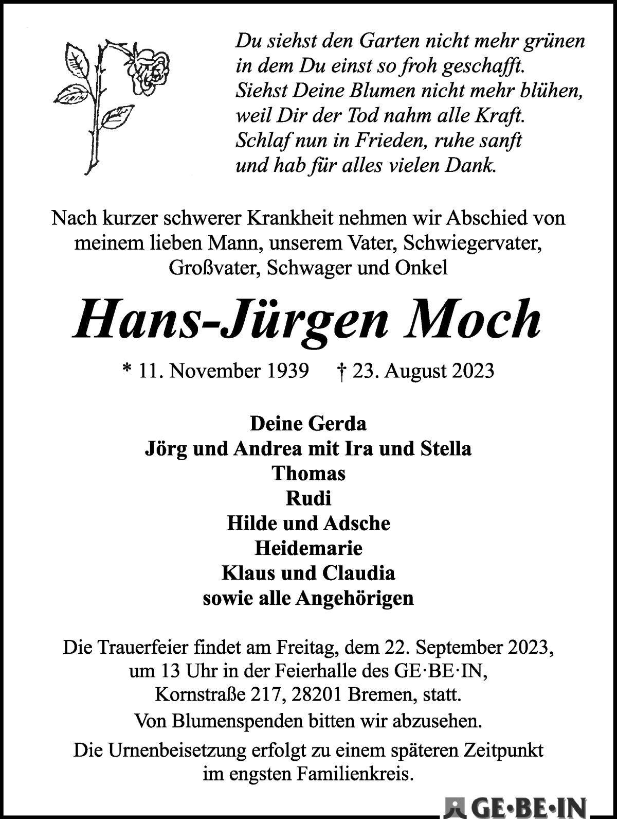 Traueranzeige von Hans-Jürgen Moch von WESER-KURIER