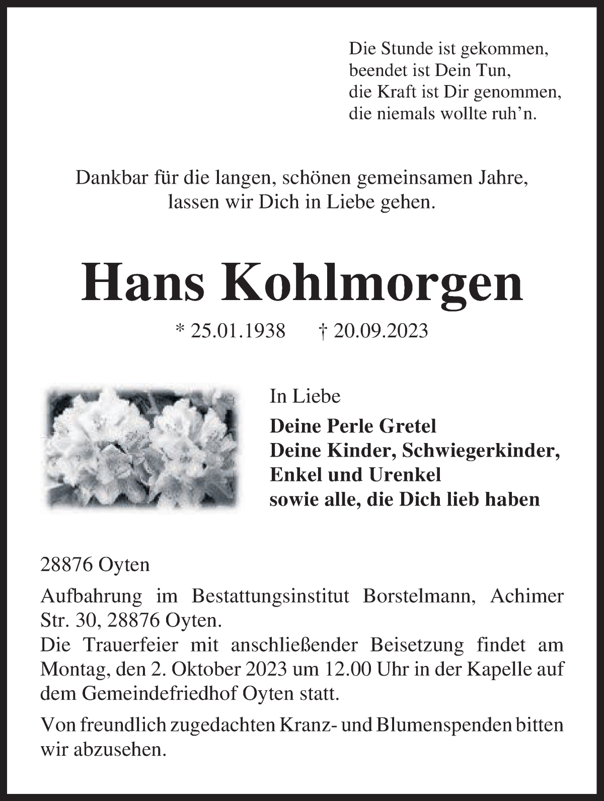 Traueranzeige von Hans Kohlmorgen von Achimer Kurier/Verdener Nachrichten