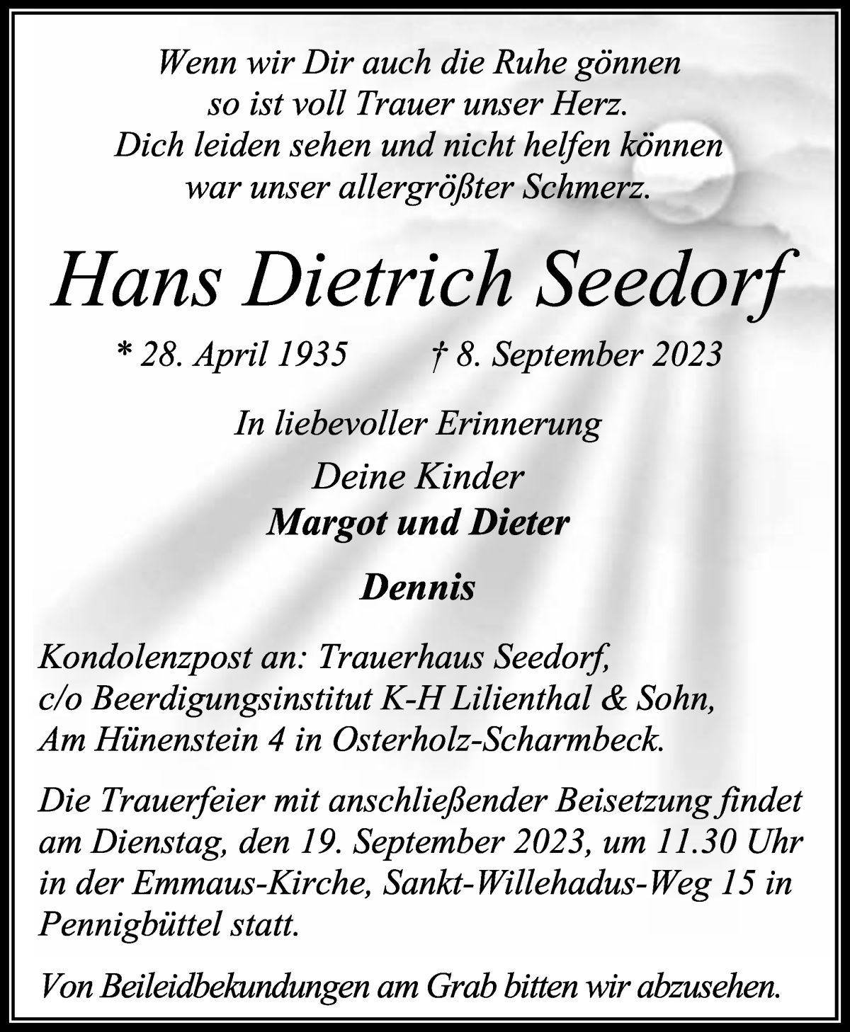 Traueranzeige von Hans Dietrich Seedorf von Osterholzer Kreisblatt