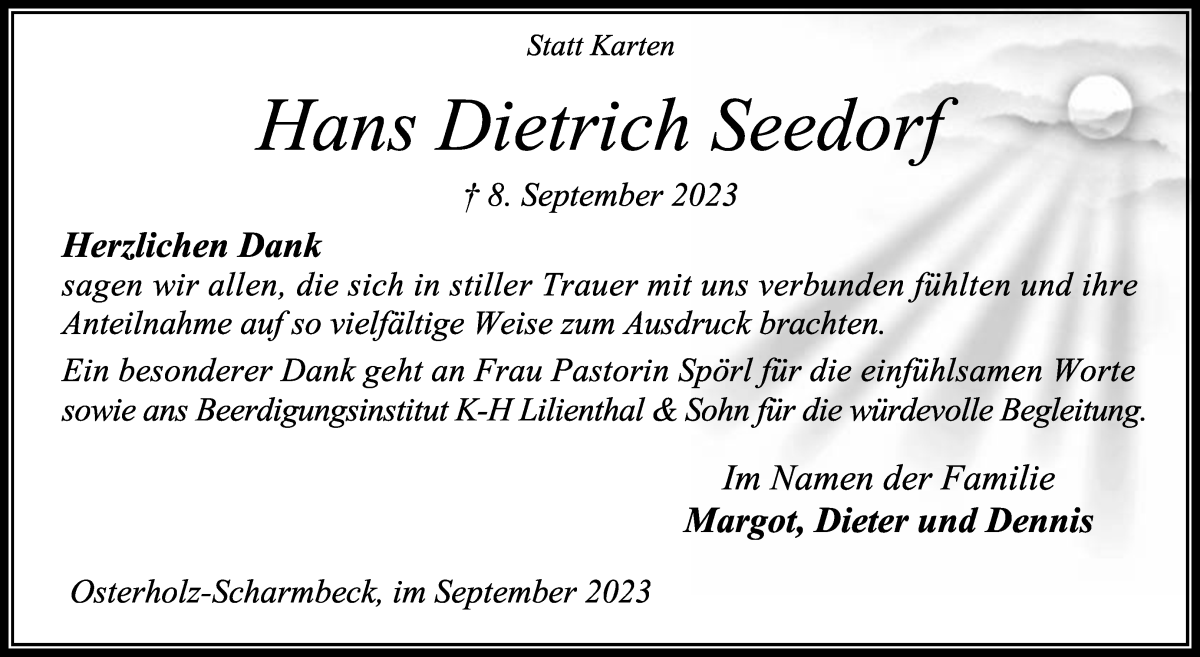 Traueranzeige von Hans Dietrich Seedorf von Osterholzer Kreisblatt