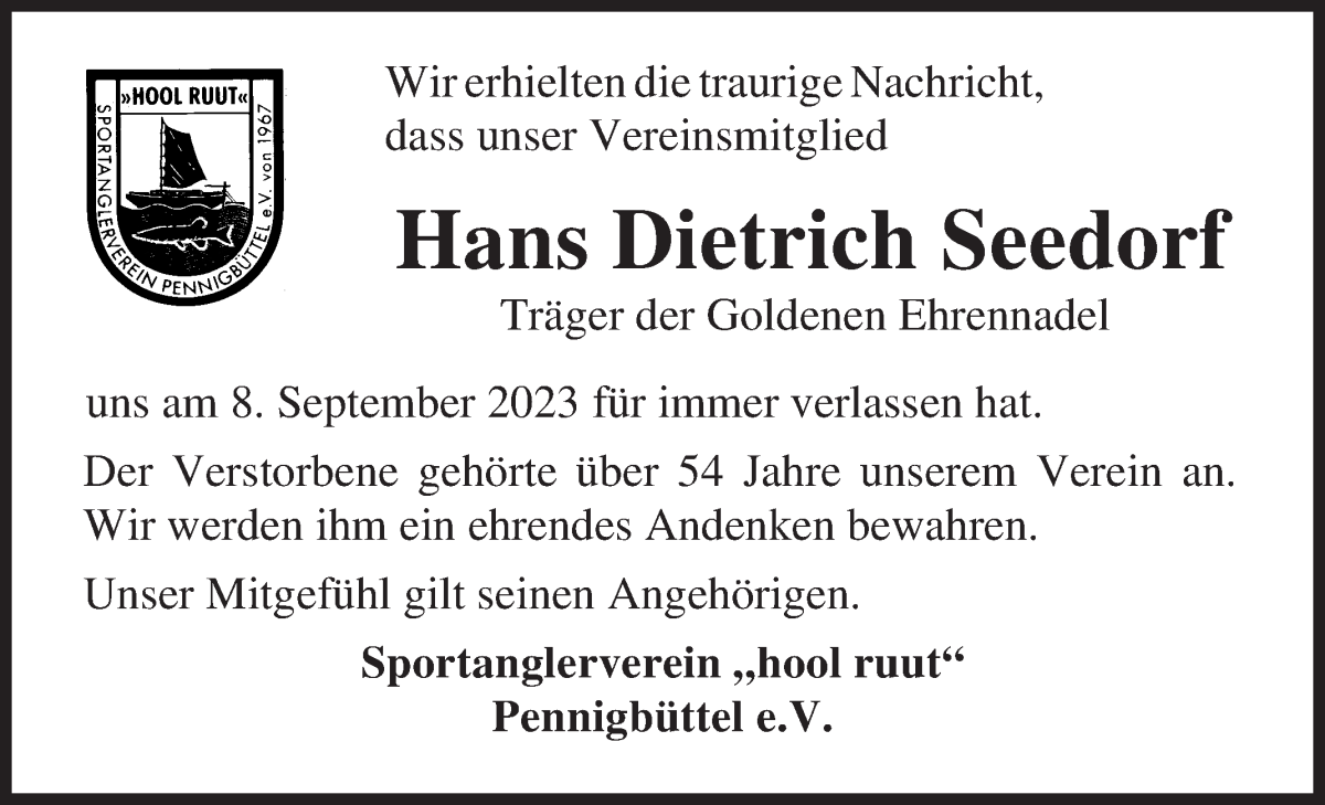 Traueranzeige von Hans Dietrich Seedorf von Osterholzer Kreisblatt