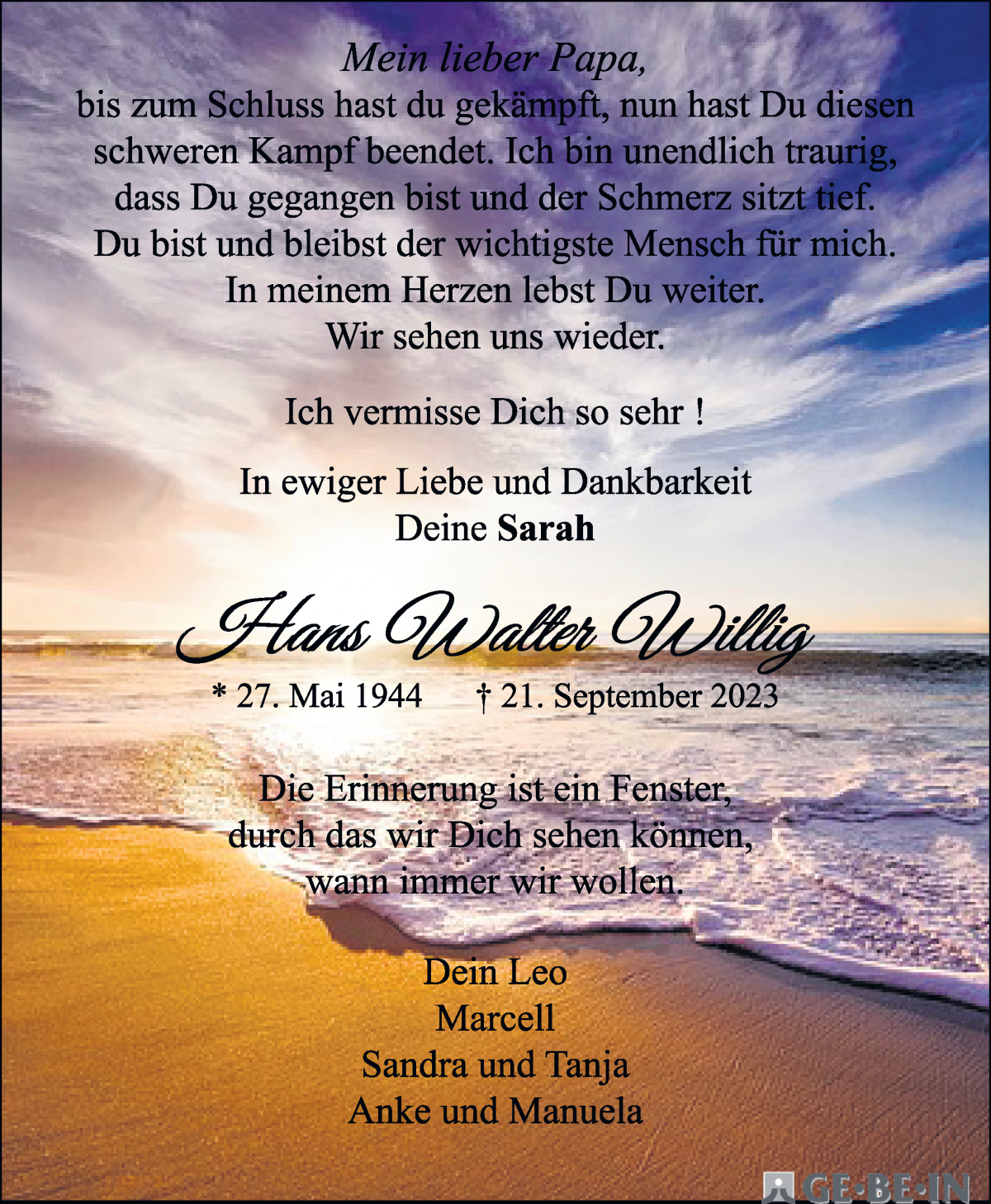 Traueranzeige von Hans Walter Willig von WESER-KURIER