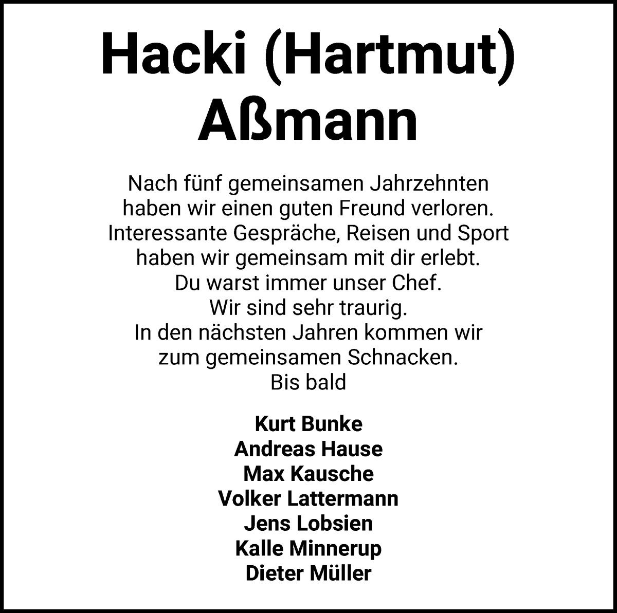 Traueranzeige von Hartmut Aßmann von Achimer Kurier/Verdener Nachrichten