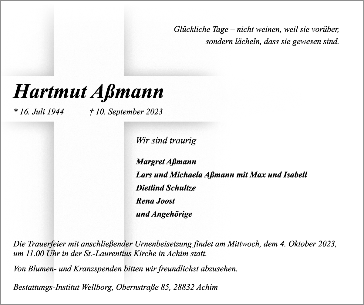Traueranzeige von Hartmut Aßmann von Achimer Kurier/Verdener Nachrichten