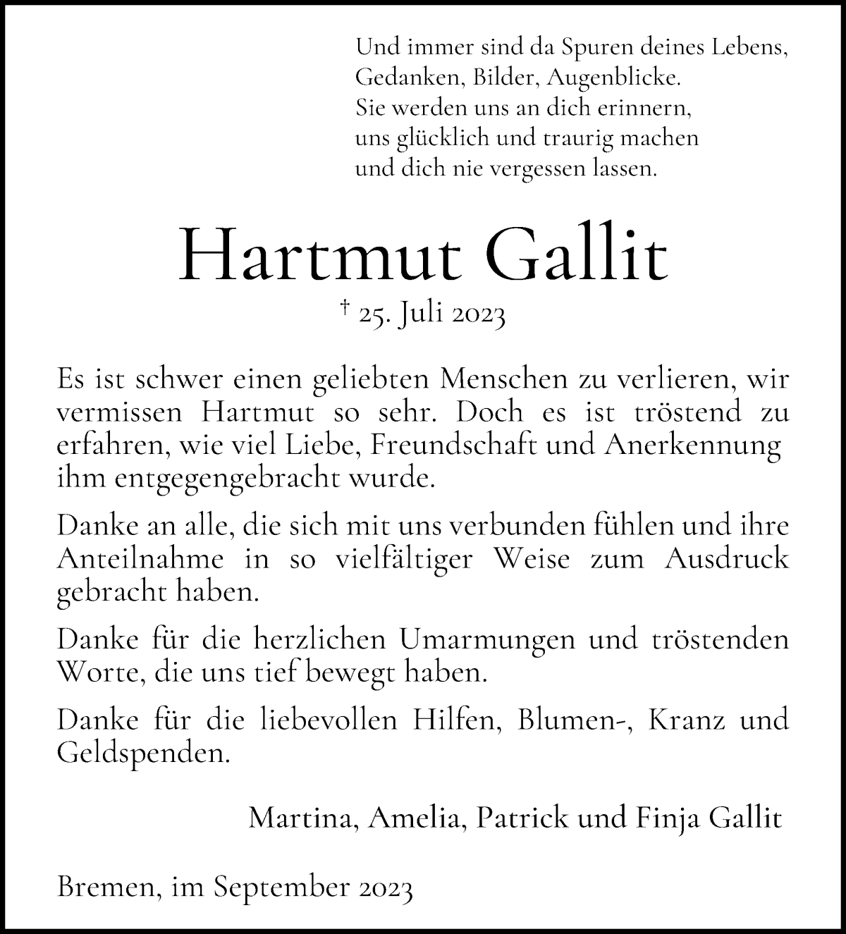 Traueranzeige von Hartmut Gallit von WESER-KURIER