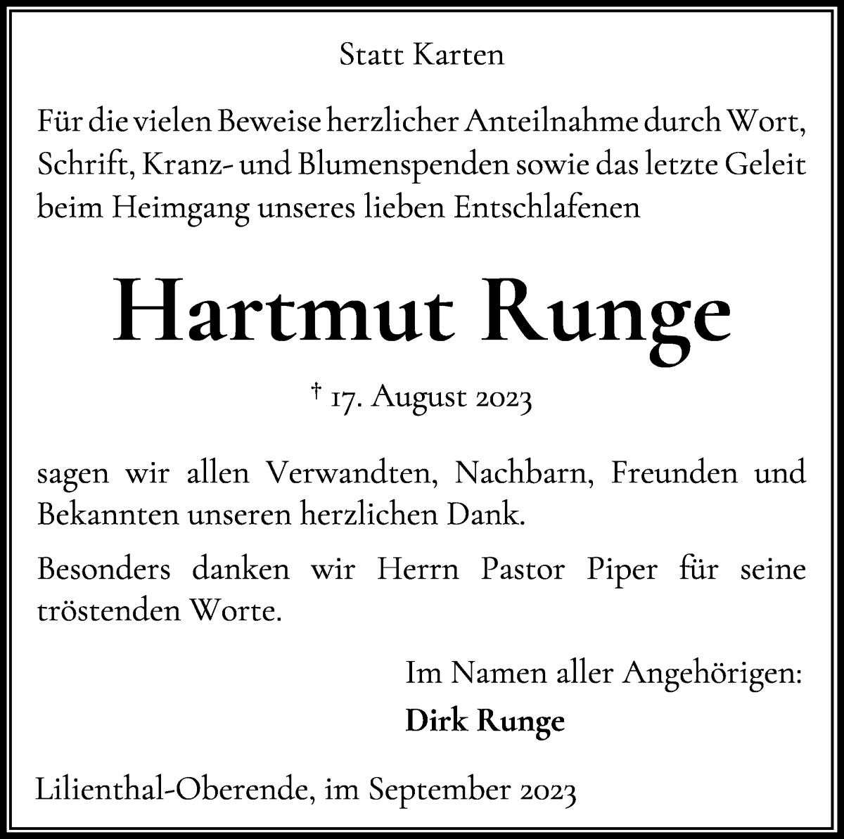 Traueranzeige von Hartmut Runge von Wuemme Zeitung