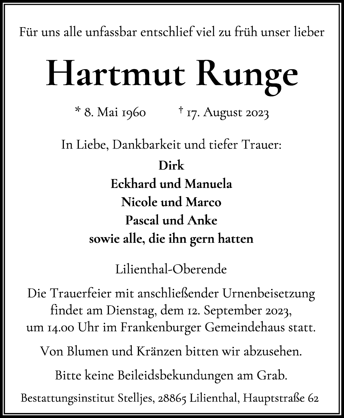 Traueranzeige von Hartmut Runge von Wuemme Zeitung