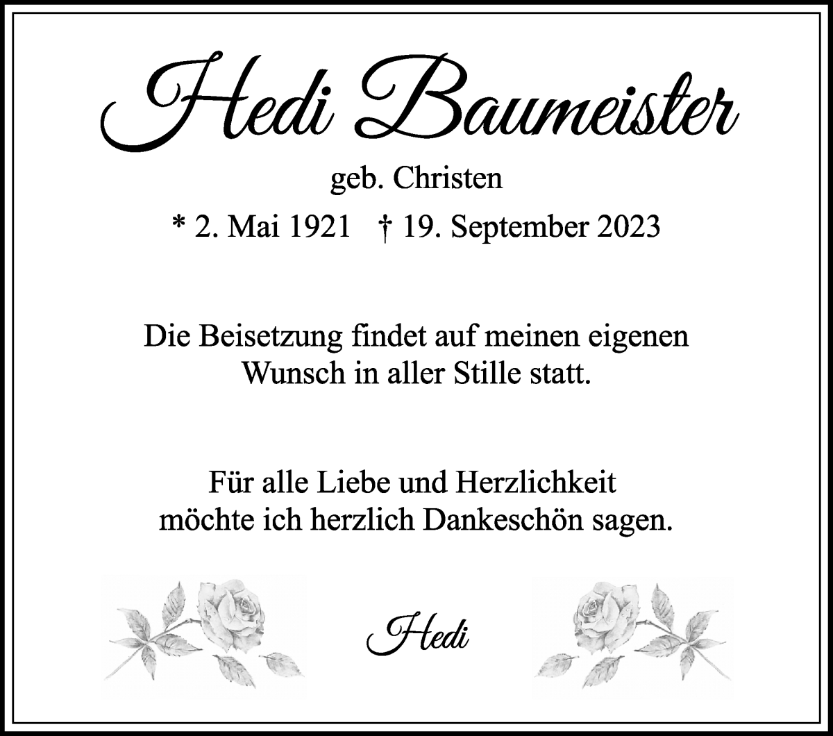 Traueranzeige von Hedi Baumeister von WESER-KURIER