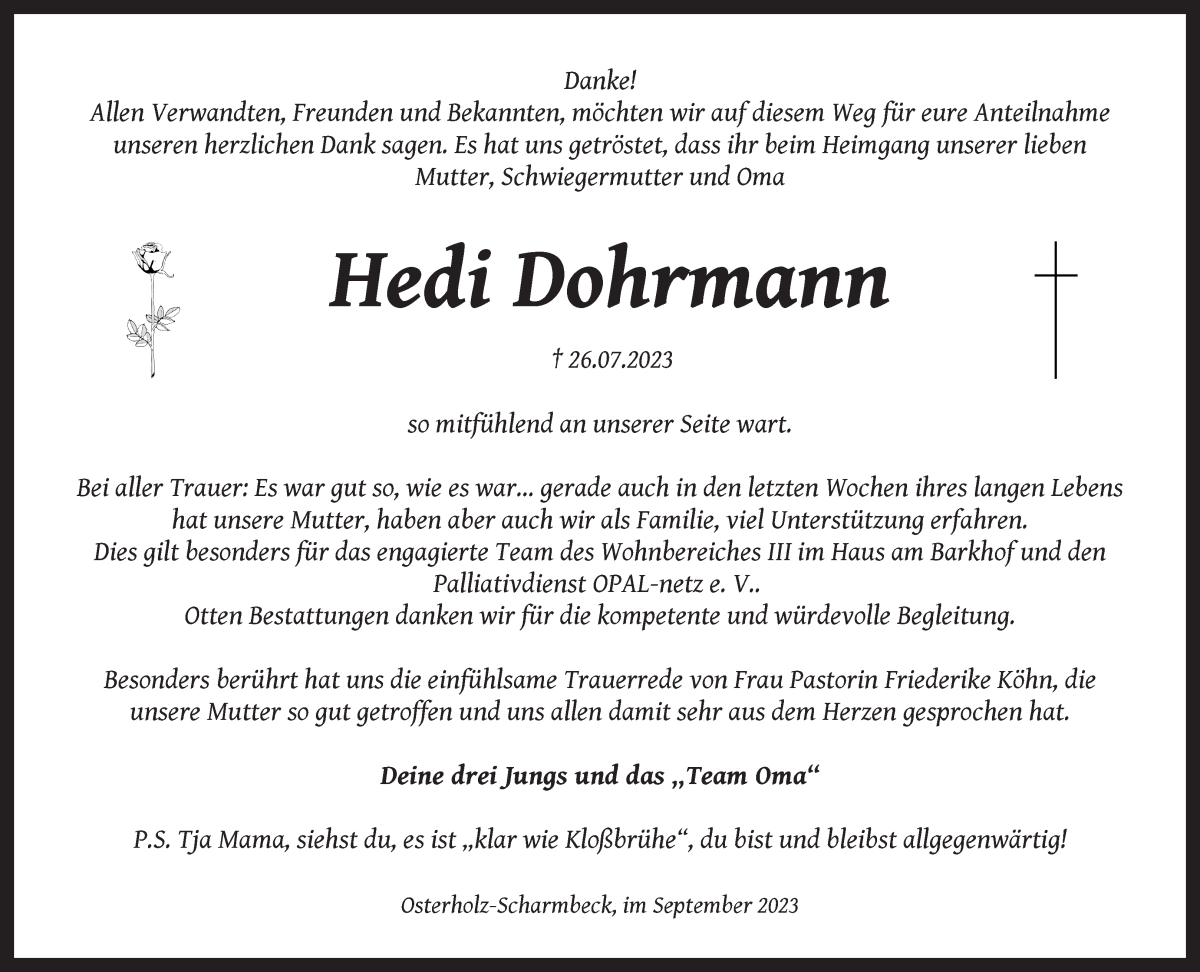 Traueranzeige von Hedi Dohrmann von Osterholzer Kreisblatt