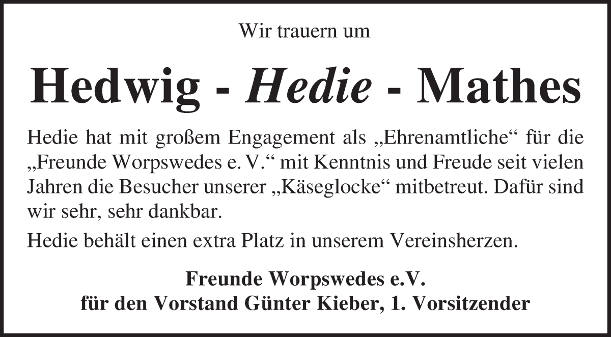 Traueranzeige von Hedwig Mathes von Wuemme Zeitung