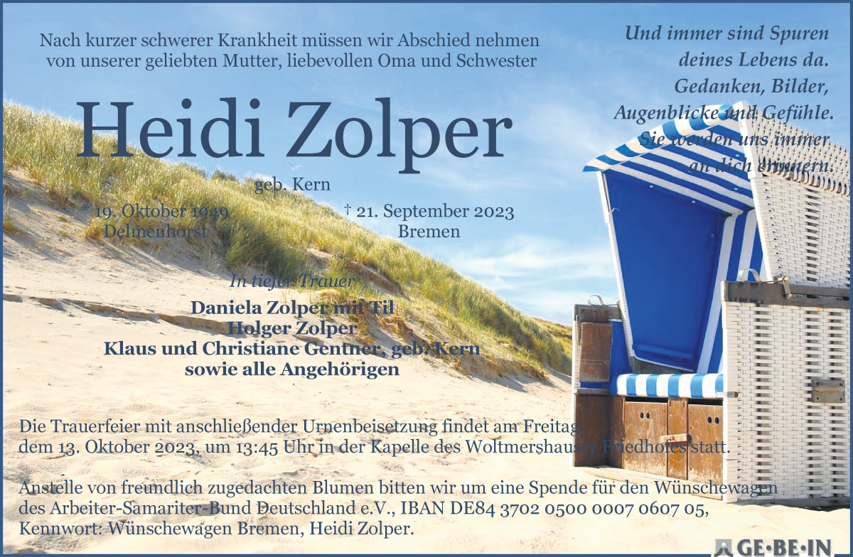 Traueranzeige von Heidi Zolper von WESER-KURIER
