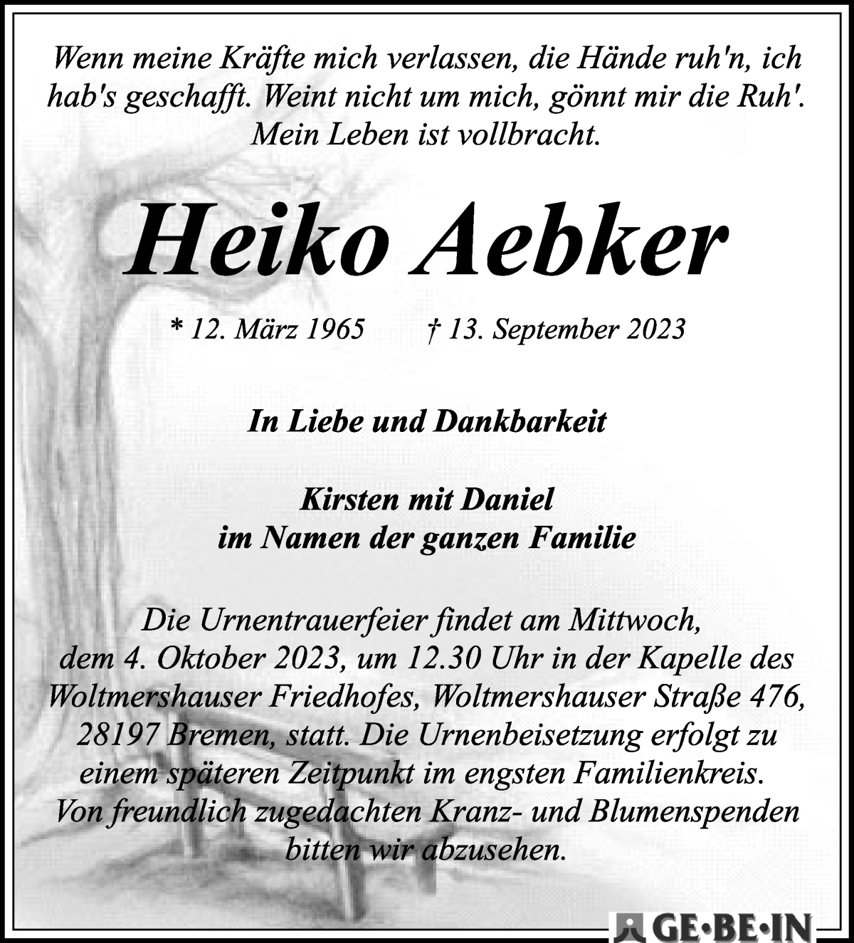 Traueranzeige von Heiko Aebker von WESER-KURIER