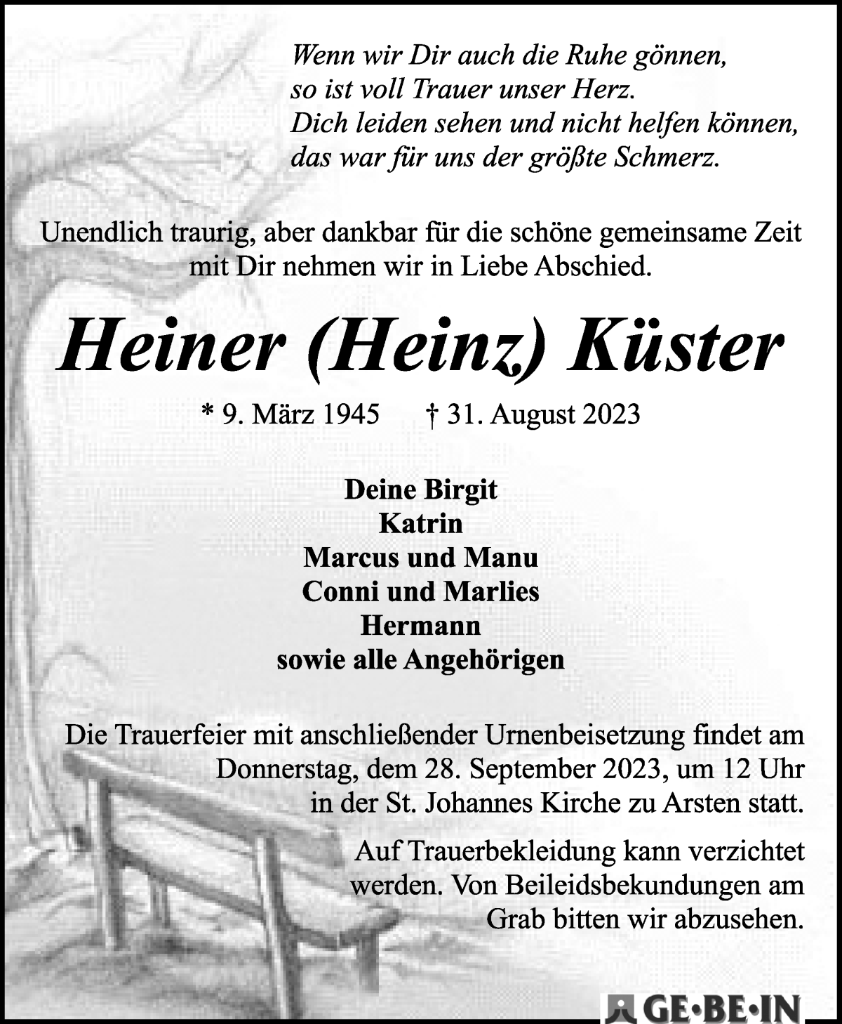 Traueranzeige von Heiner Küster von WESER-KURIER
