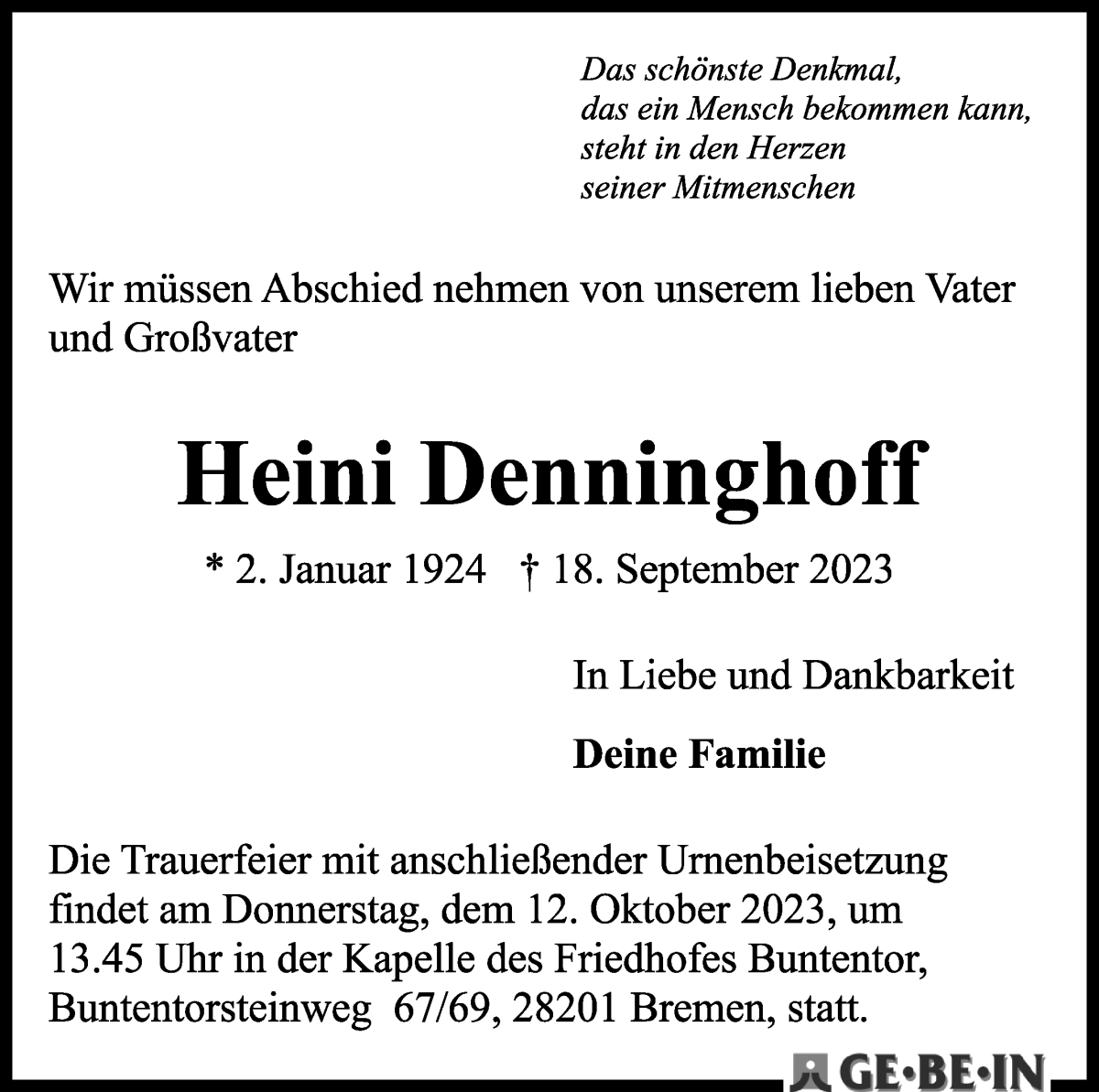 Traueranzeige von Heini Denninghoff von WESER-KURIER