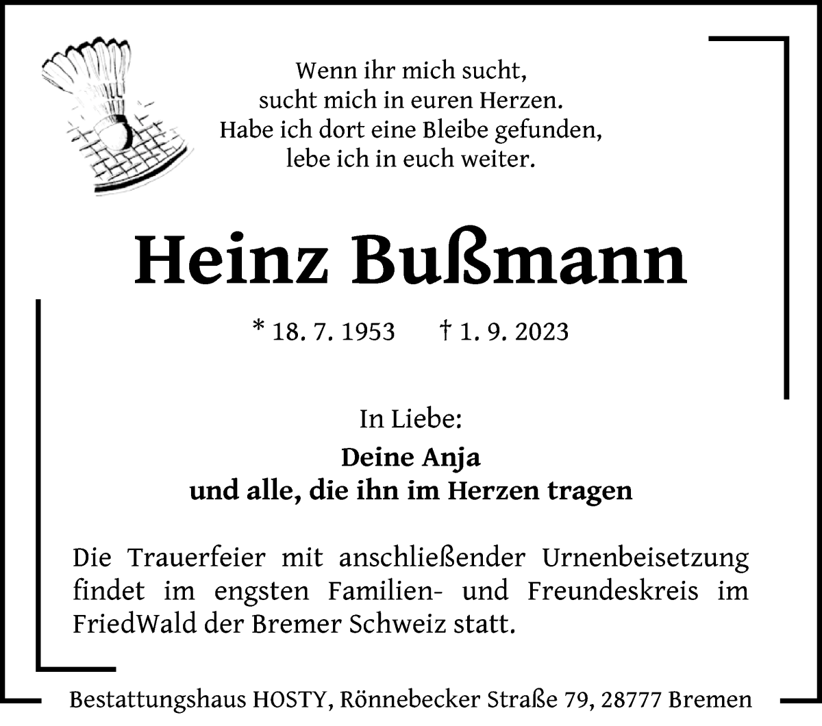 Traueranzeige von Heinz Bußmann von Delmenhorster Kurier