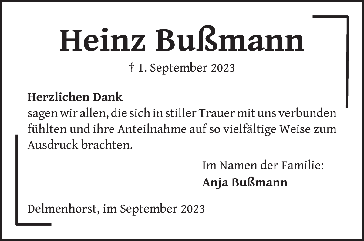 Traueranzeige von Heinz Bußmann von Delmenhorster Kurier