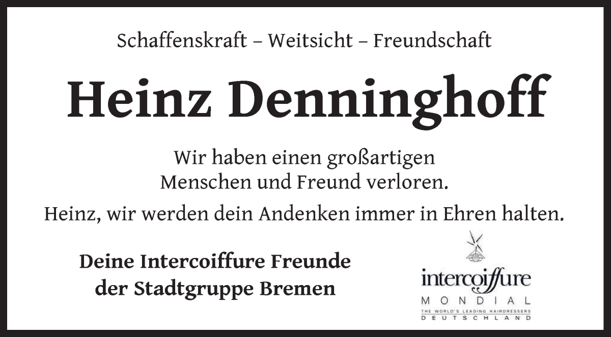 Traueranzeige von Heinz Denninghoff von WESER-KURIER