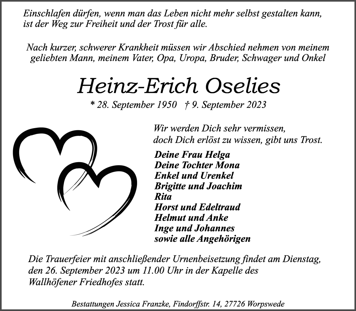 Traueranzeige von Heinz-Erich Oselies von Osterholzer Kreisblatt