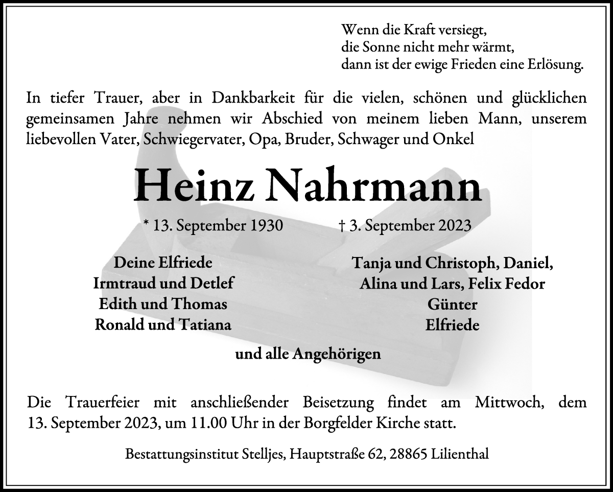 Traueranzeige von Heinz Nahrmann von Wuemme Zeitung