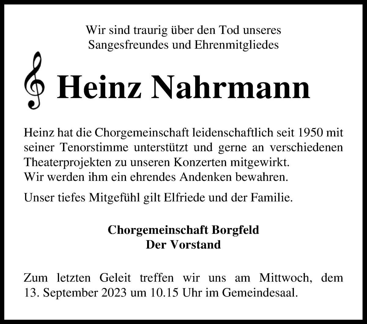 Traueranzeige von Heinz Nahrmann von Wuemme Zeitung