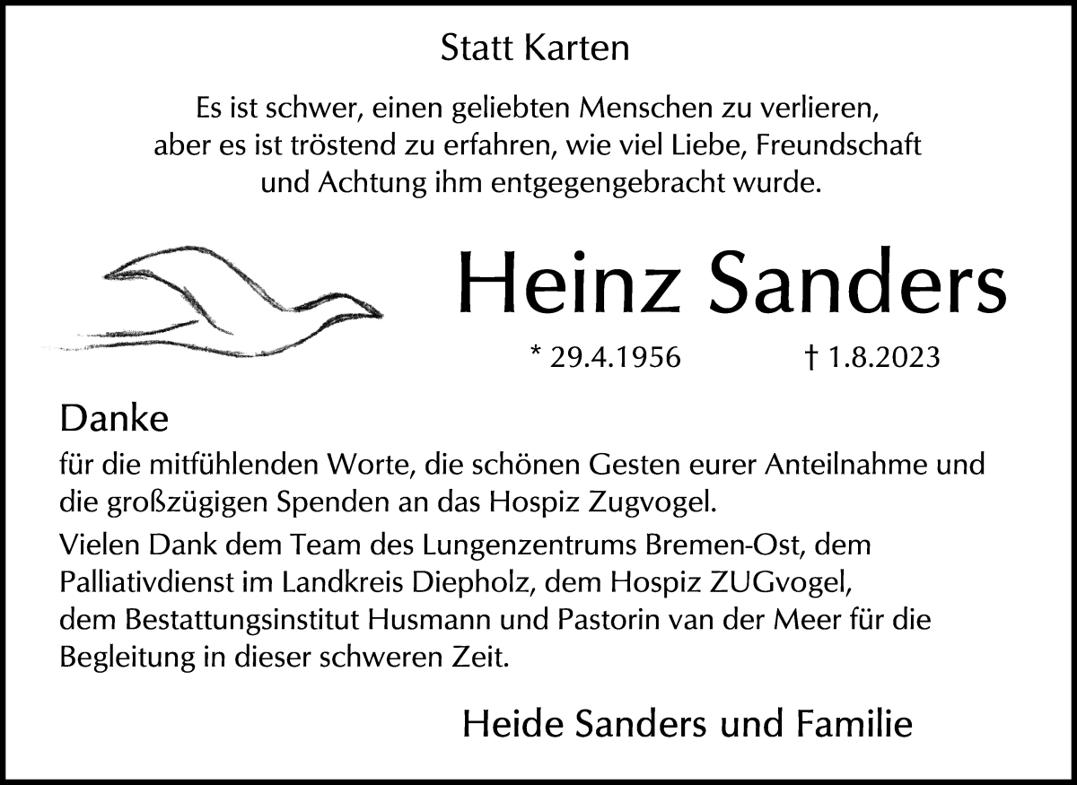 Traueranzeige von Heinz Sanders von Regionale Rundschau/Syker Kurier