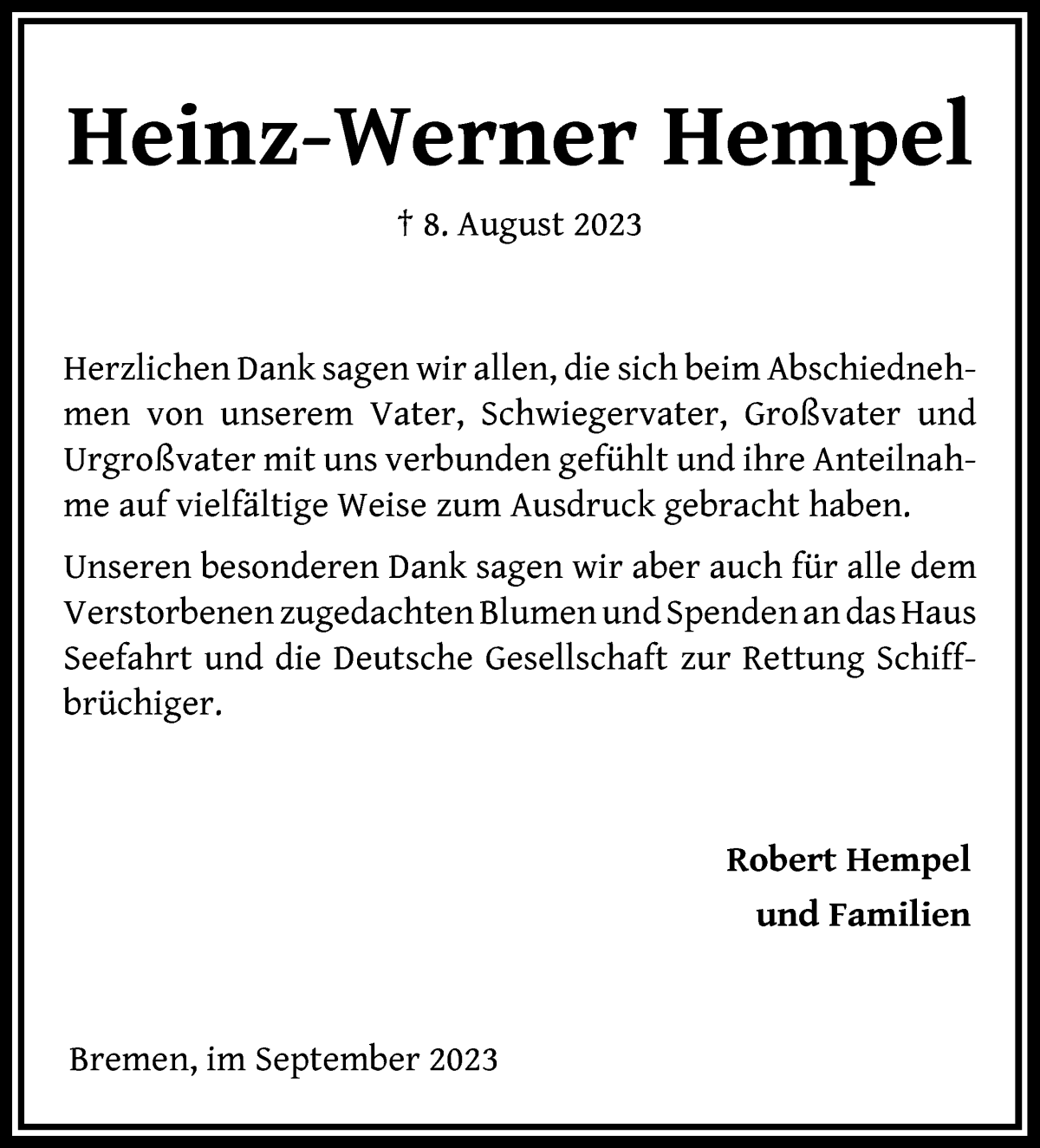 Traueranzeige von Heinz-Werner Hempel von WESER-KURIER