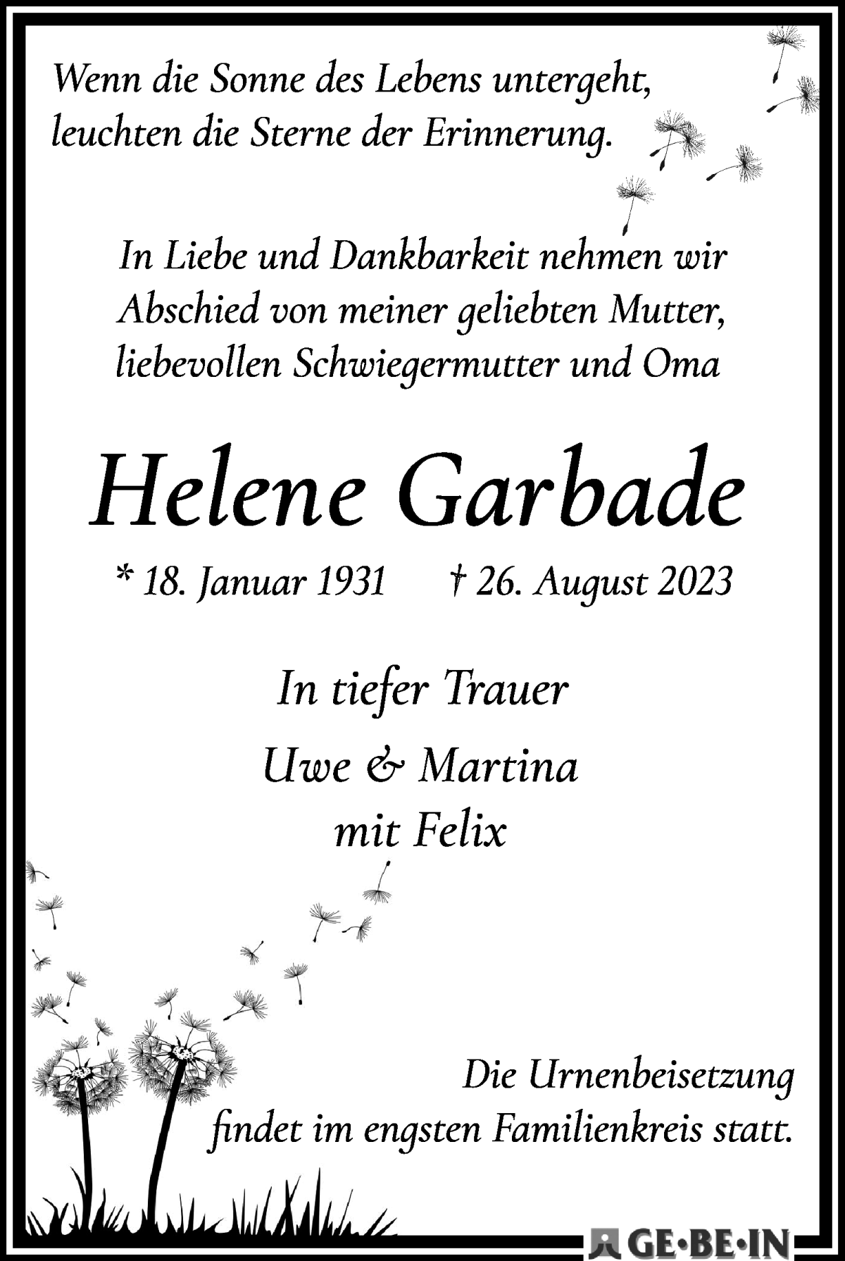 Traueranzeige von Helene Garbade von WESER-KURIER