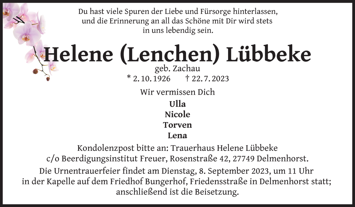Traueranzeige von Helene Lübbeke von WESER-KURIER
