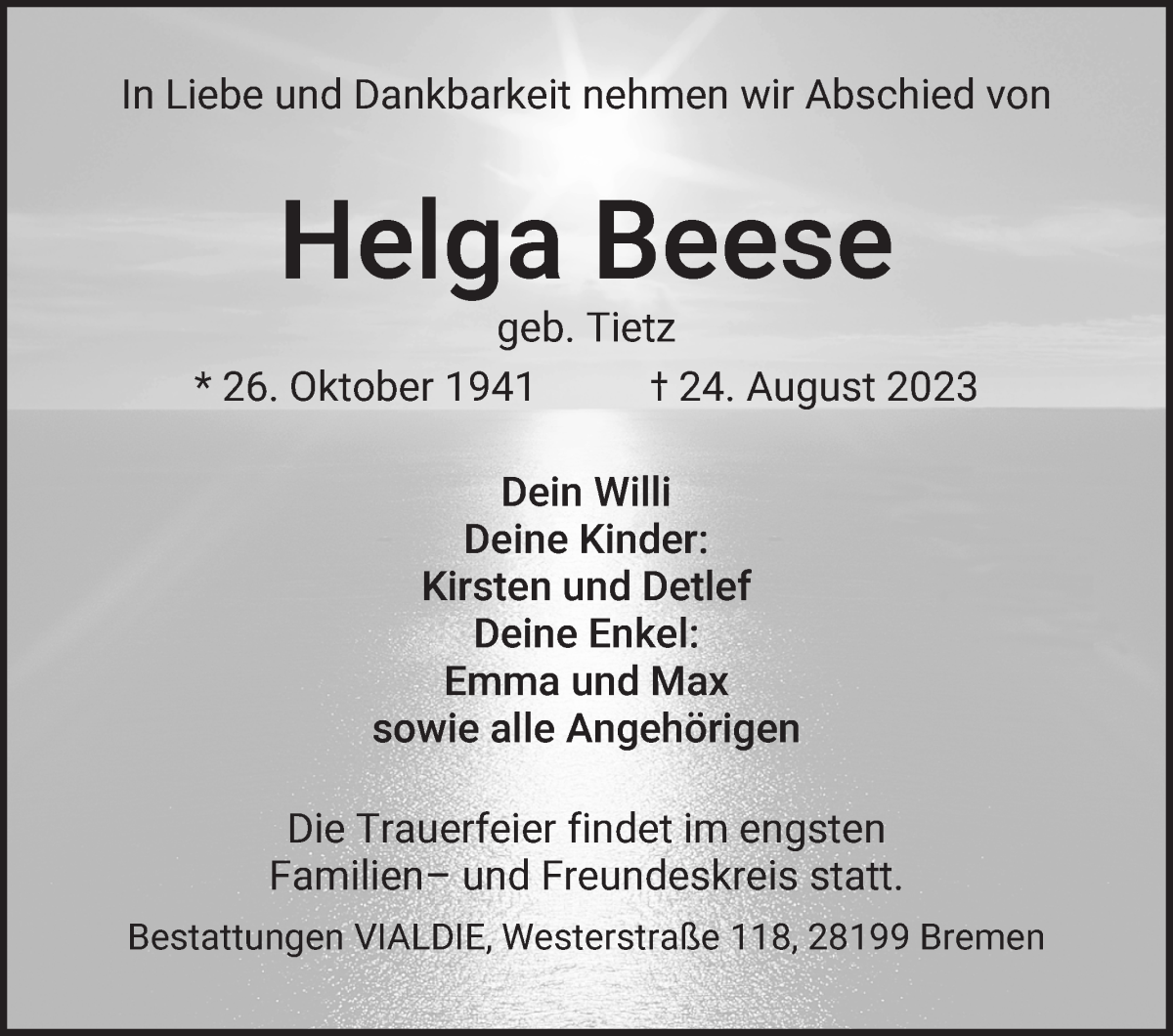 Traueranzeige von Helga Beese von WESER-KURIER