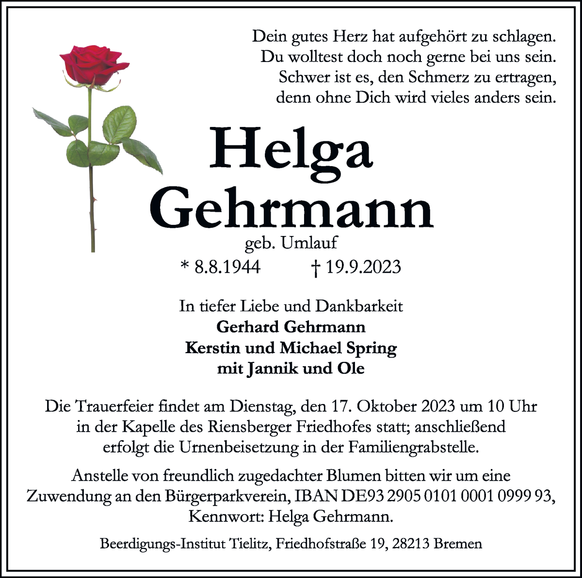 Traueranzeige von Helga Gehrmann von WESER-KURIER