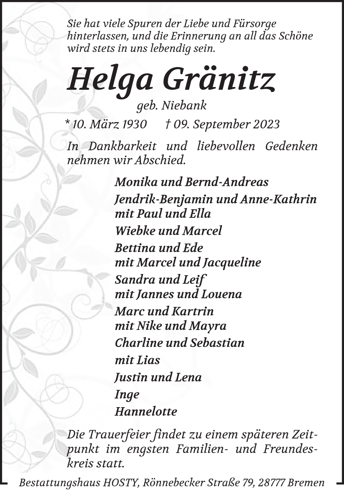 Traueranzeige von Helga Gränitz von Die Norddeutsche