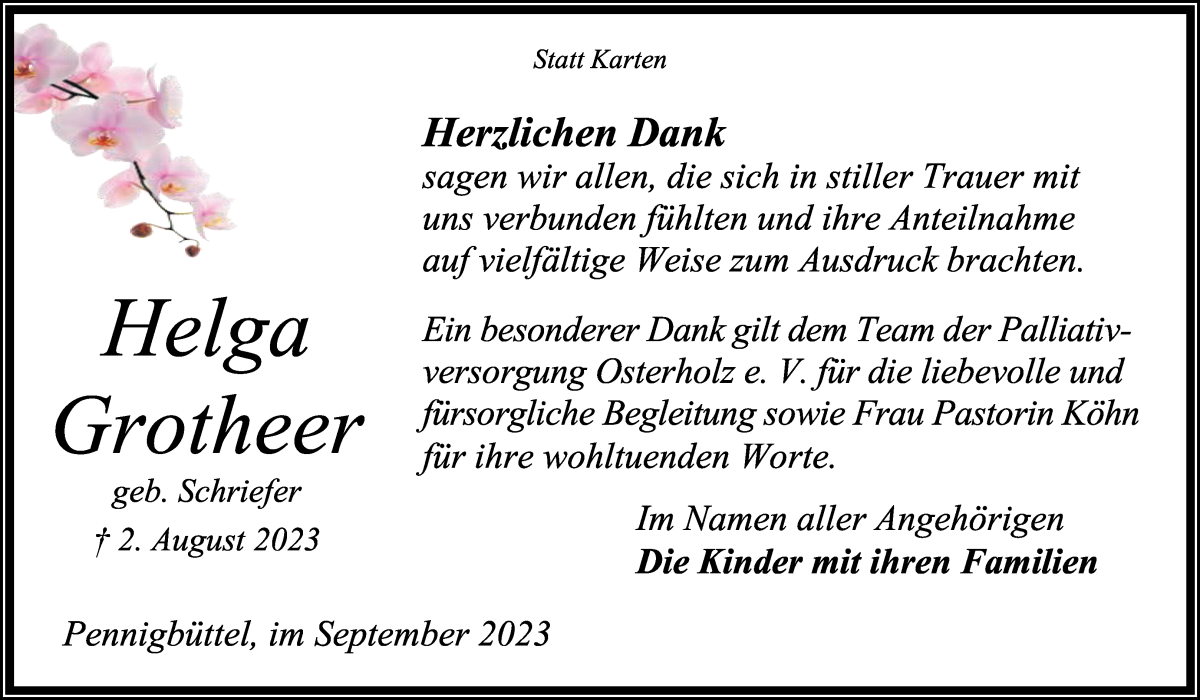 Traueranzeige von Helga Grotheer von Osterholzer Kreisblatt