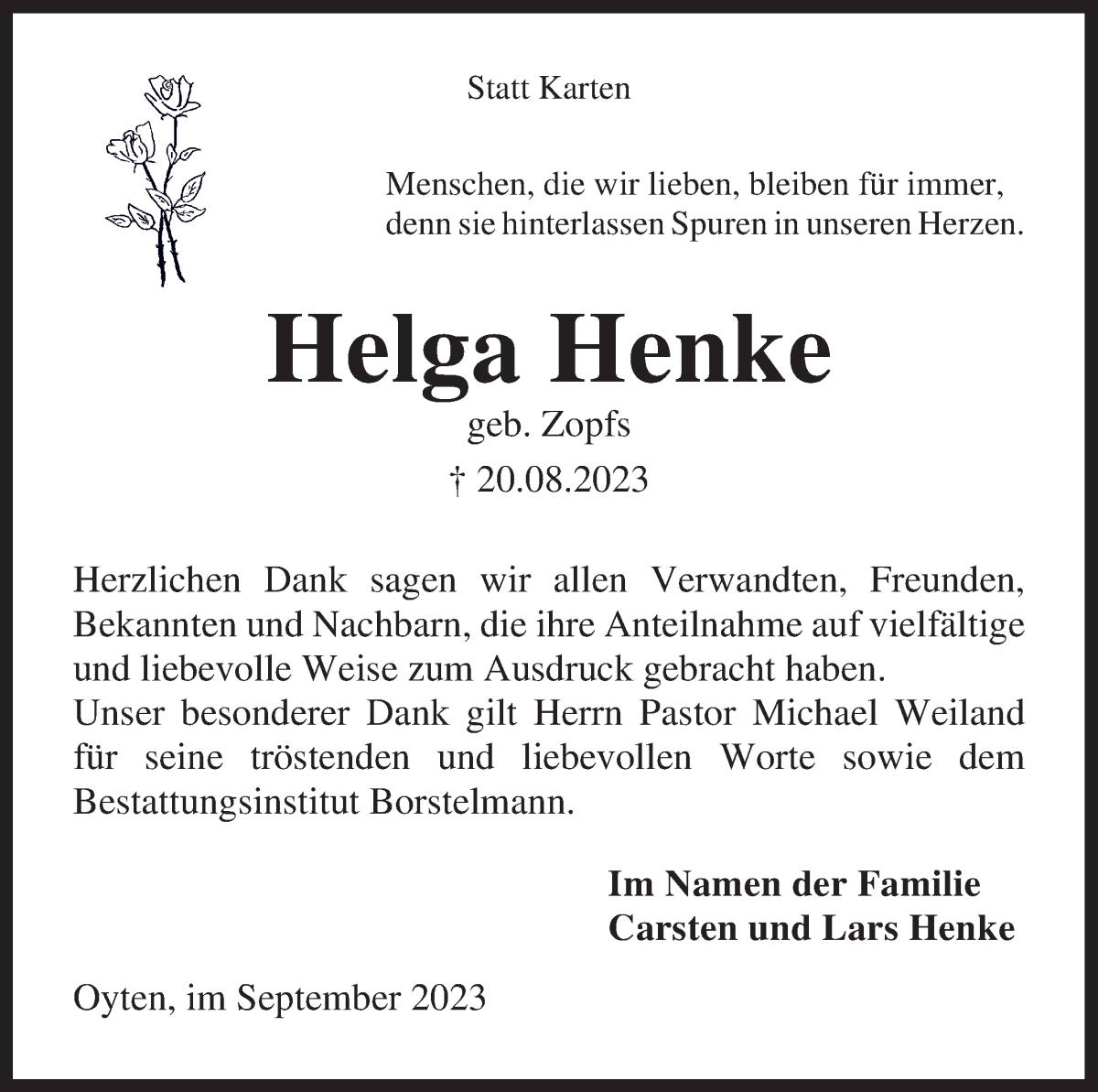 Traueranzeige von Helga Henke von WESER-KURIER