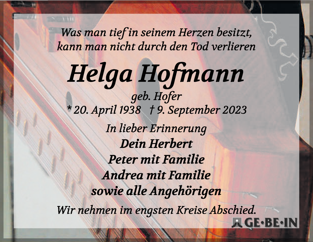Traueranzeige von Helga Hofmann von WESER-KURIER