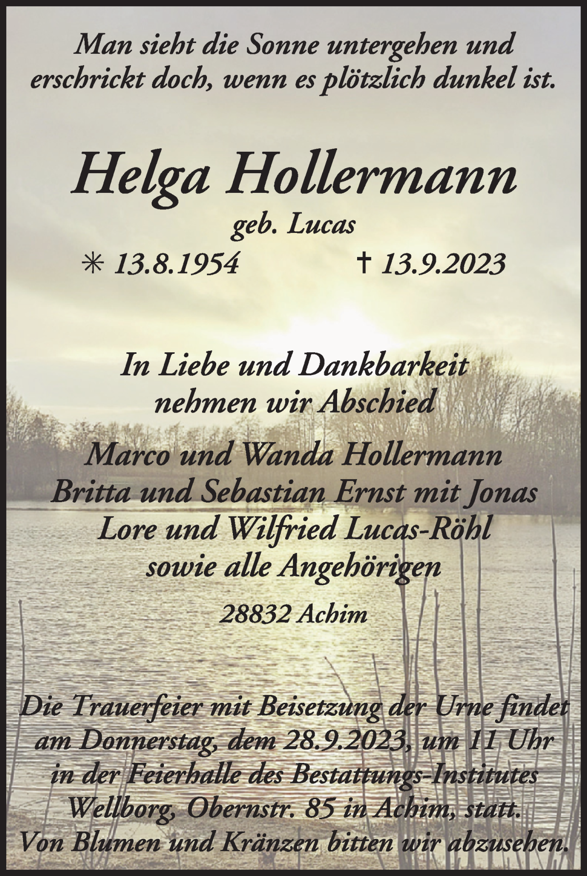 Traueranzeige von Helga Hollermann von WESER-KURIER