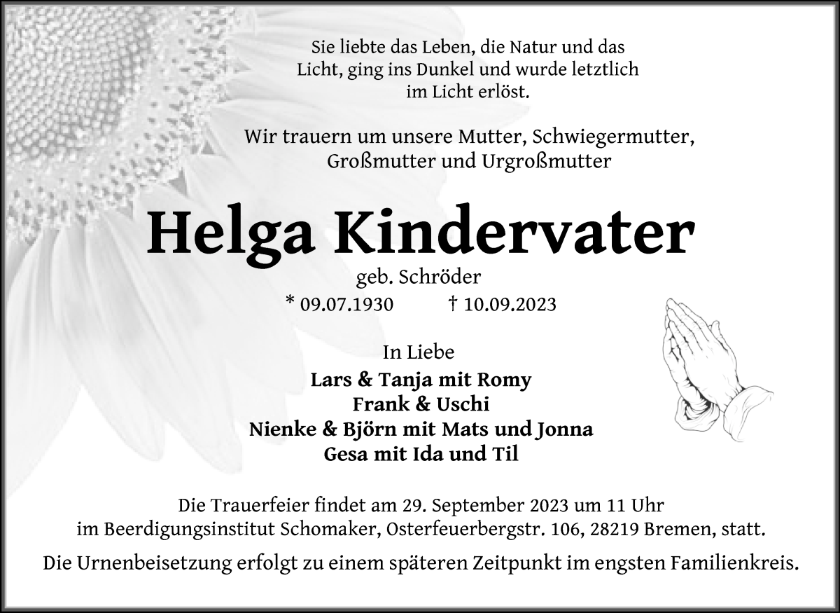 Traueranzeige von Helga Kindervater von WESER-KURIER