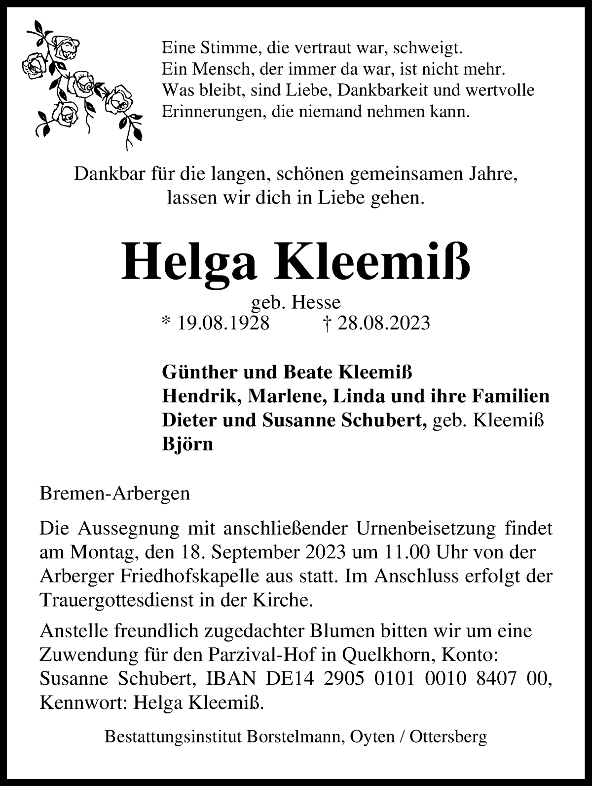 Traueranzeige von Helga Kleemiß von WESER-KURIER