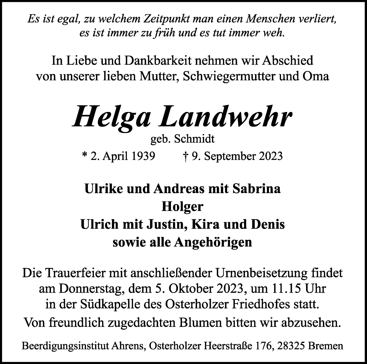 Traueranzeige von Helga Landwehr von WESER-KURIER