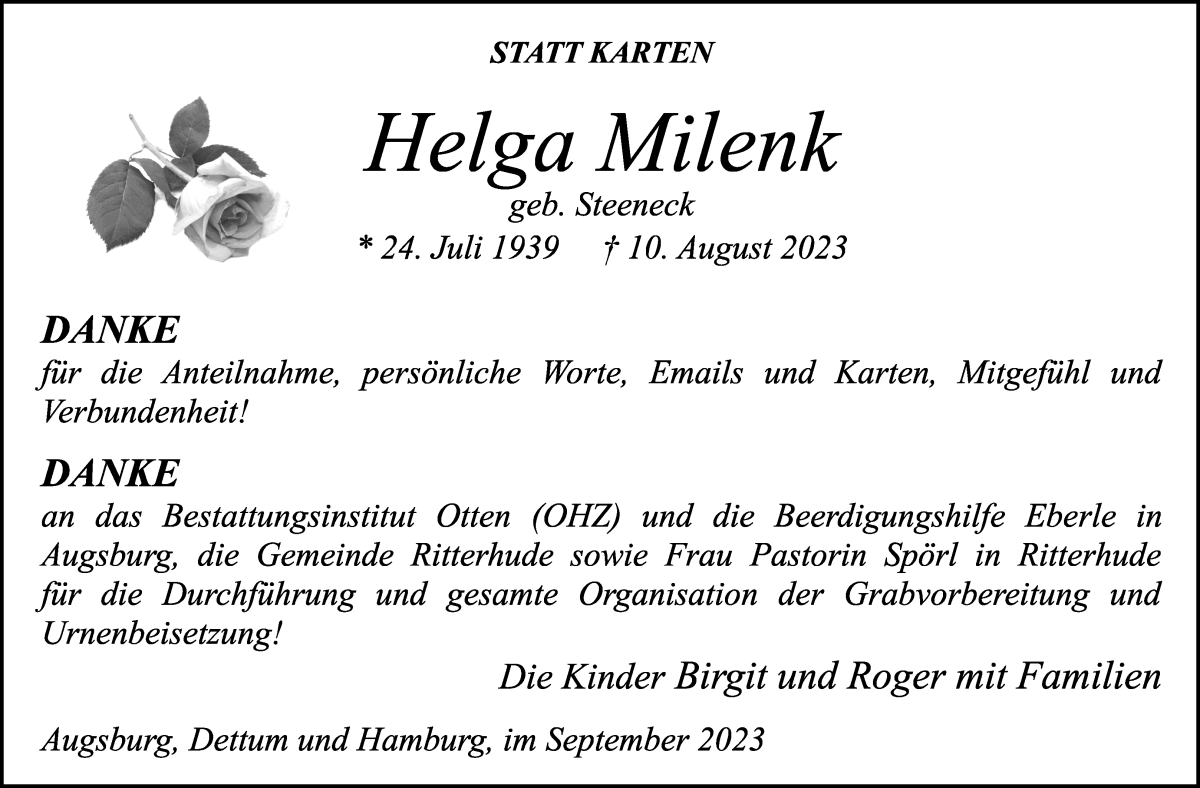 Traueranzeige von Helga Milenk von Osterholzer Kreisblatt