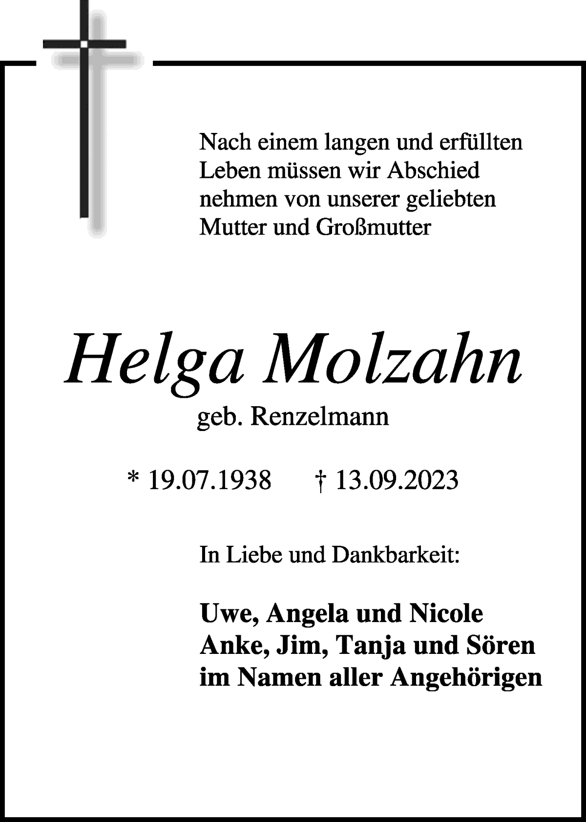Traueranzeige von Helga Molzahn von WESER-KURIER
