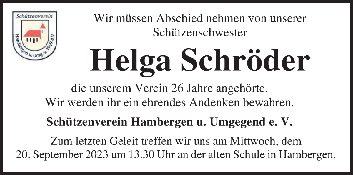 Traueranzeige von Helga Schröder von Osterholzer Kreisblatt