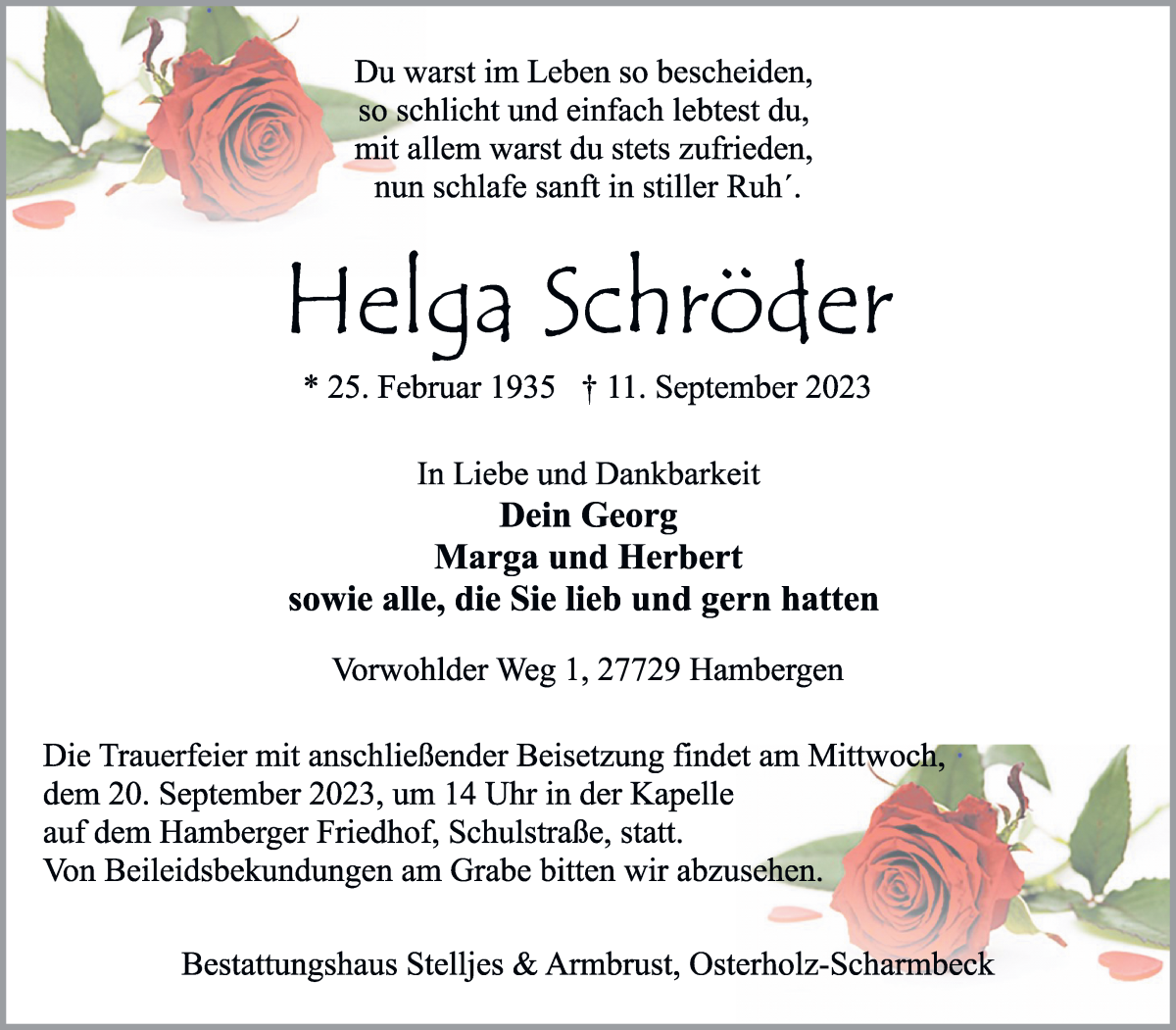 Traueranzeige von Helga Schröder von Osterholzer Kreisblatt