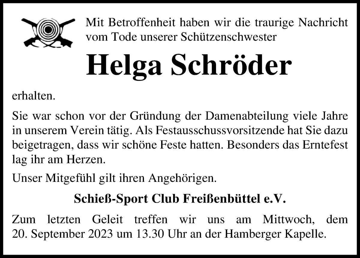 Traueranzeige von Helga Schröder von Osterholzer Kreisblatt