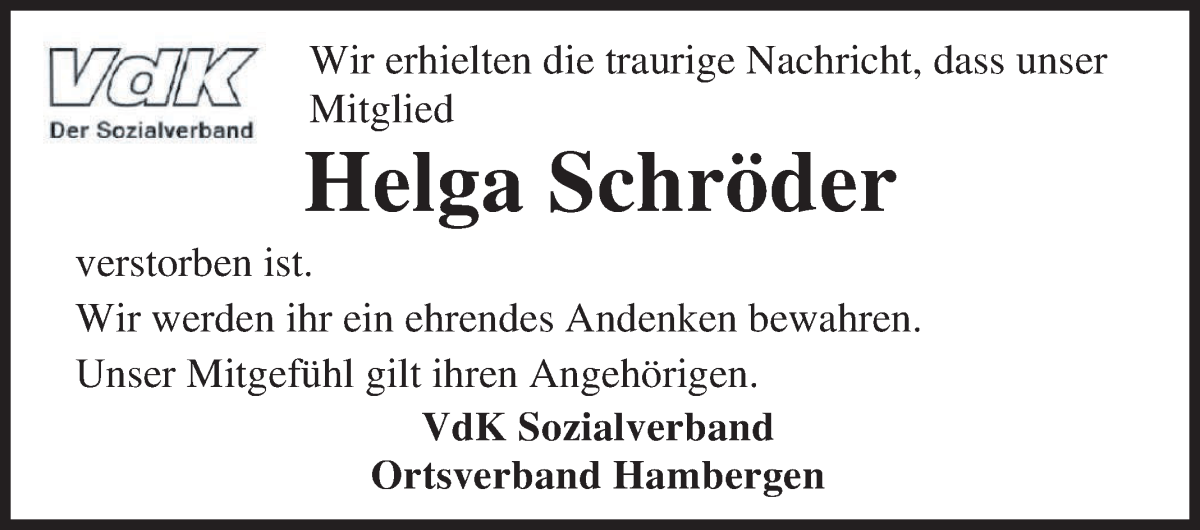 Traueranzeige von Helga Schröder von Osterholzer Kreisblatt