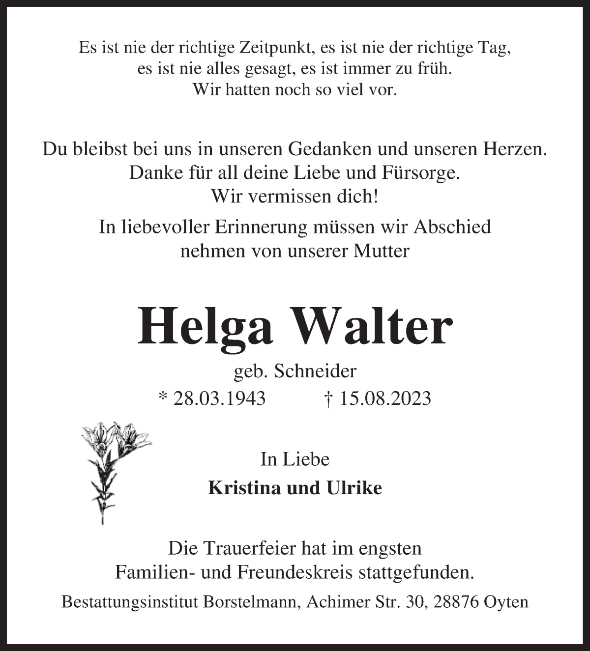 Traueranzeige von Helga Walter von Achimer Kurier/Verdener Nachrichten